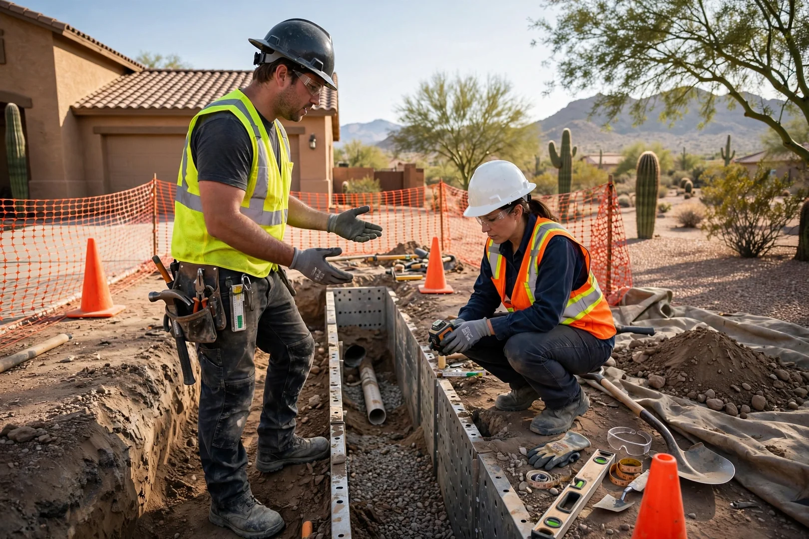Excavator digging a careful foundation trench on a residential lot in Goodyear, Arizona